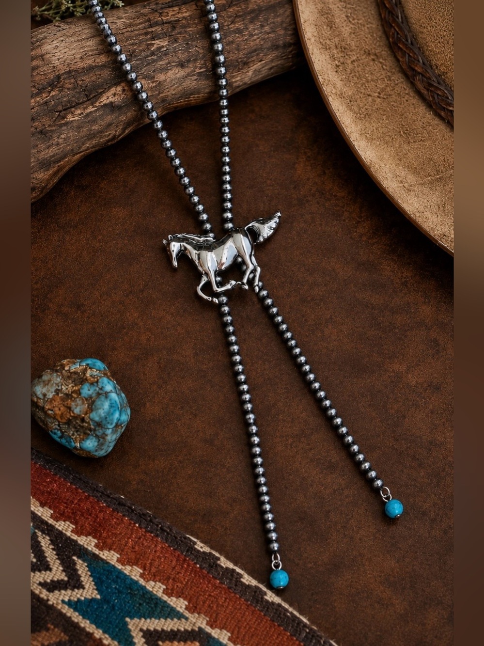 Southwest Western Faux Turquoise Navajo Pearl Inspired Lariat Horse Necklace